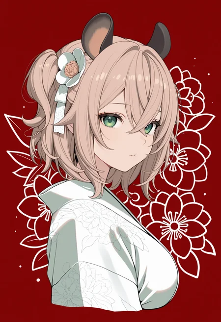 masterpiece, best quality, 1girl, solo, green eyes, light brown hair, medium hair, crossed bangs, one side up, hair ribbon, white ribbon, animal ears, lineart, white kimono, red background, hair flower, looking at viewer, from side, cropped torso, floral background, abstract, <lora:ChamNimiNightmareV2Noob:1>