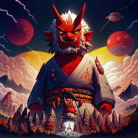 score_9, score_8, score_7, 1boy, oni monster, red skin, tusks, horns, geometril japanese clothes, surreal, technicolor, wild, thunder and lightning, giant