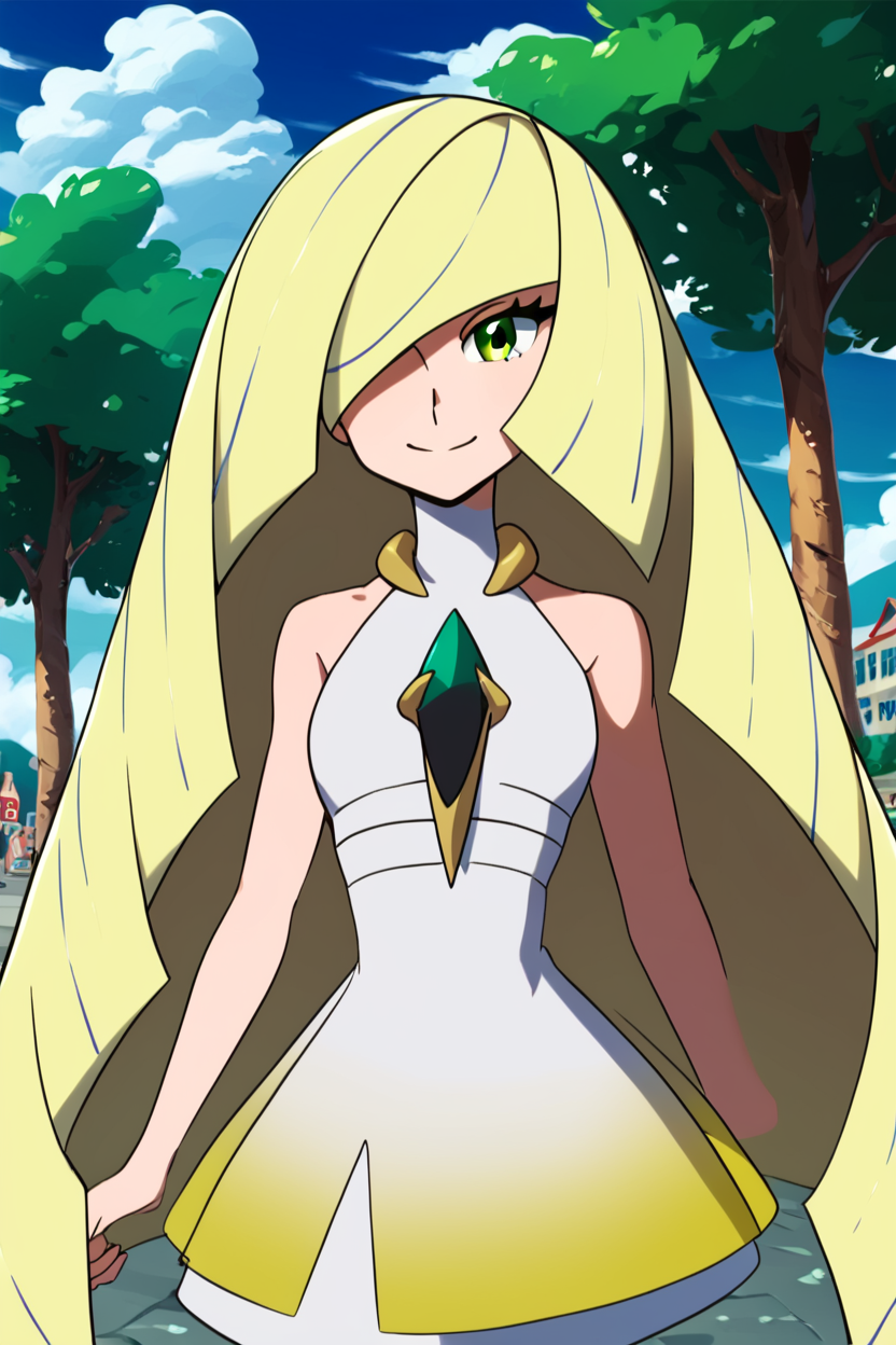 score_9, score_8_up, score_8, medium breasts, (curvy), cute, eyelashes,       ,,, , ,,, zzLusamine, green eyes, hair over one eye, blonde hair, long hair, very long hair, white dress, sleeveless dress, bare arms, bare shoulders, diamond (shape), green gemstone,  <lora:Lusamine_Pokemon_PDXL:1.0>,  ,,,, BREAK, smile, looking at viewer, cowboy shot, ,,, outdoors, sky, day, cloud, tree, blue sky, sunny,  ,,, Expressiveh, ,,, <lora:Alola_Style_PDXL:0.8>, <lora:Expressive_H-000001:0.4>,