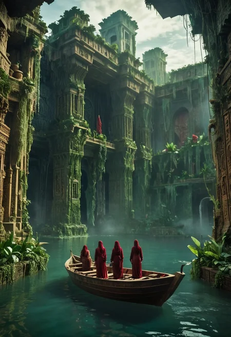 Three women stand on a boat floating in the water in front of the lush and magnificent Hanging Gardens of Babylon. The scene is captured in somber tones and a bleak atmosphere, reminiscent of dark art by an ancient artist. The women appear as if they are bathing, evoking the image of a female Atlas. The boat is a massive wooden galley with vibrant yet bleaked translucent red sails, adorned with an ancient Atlantean emblem. The galley floats quietly on a calm, pale sea under a nearly clear sky with few clouds, in sweltering heat.
The background is detailed and atmospheric, with a haze adding to the cinematic quality of the image. The overall mood is epic and moody, with a high-budget, cinemascope feel. The image has a film grain and is very detailed, reminiscent of a 2000s vintage RAW photo, with a photorealistic, candid camera effect. The color grading is cinematic, with eye-catching light and natural imperfections, captured with a shallow depth of field.