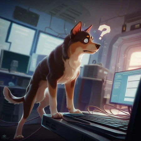 score_9, score_8_up, score_7_up, depth of field, ambient occlusion, bokeh, cel shading, black illustration lines, cinematic lighting, server room, computer lab, computer, information technology, I.T., standing on keyboard, wires, dog, confused, question mark,