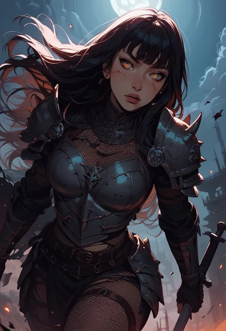 Score_9, Score8_up, Score_7_up, (((High Resolution, Best Quality))), 
1girl, beautiful, breasts, battle scarred, damaged armor, fishnets under armor, bangs, long hair, plated armour, holding sword, battle stance, dynamic angle, ancient fantasy city, battle-ready stance, dynamic pose, at night, moonlight, riding a nimbus cloud, nimbus, wukong theme, directional lighting, viewed from above,