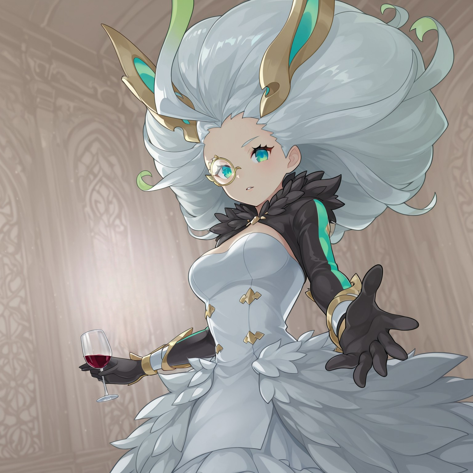 safe_pos, safe_pos, score_9, score_8_up, score_7_up, anime, sreencap, 1girl, solo, action pose, dynamical background, sky, detailed background, lamp, indoors, hires, sharp, dragalia lost, close-up, looking at viewer, reaching, (monocle,)

BREAK
Ariel Dragalia, white hair, big hair, horns, ahoge, feathered dress, fur trim, luxurious, saloon, dance saloon, holding wine,