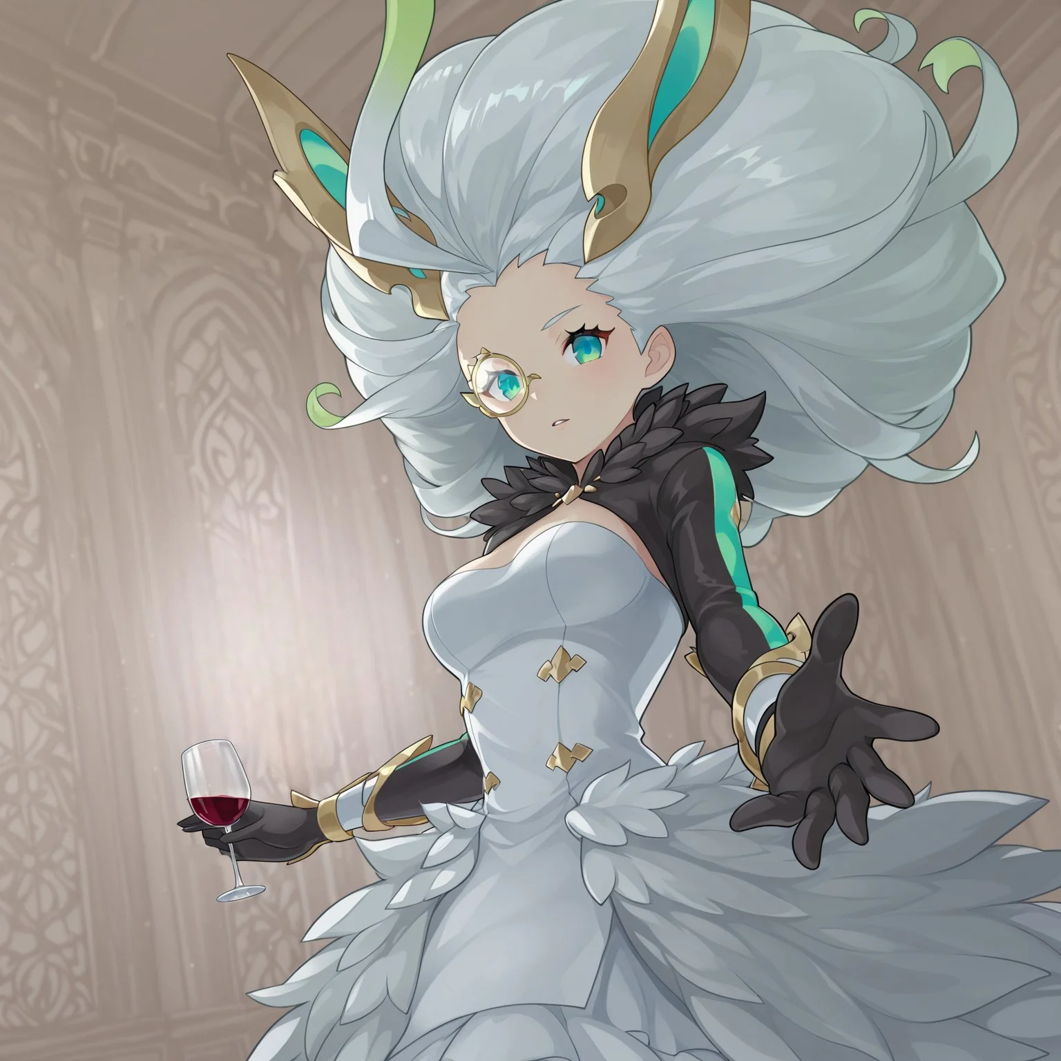 safe_pos, safe_pos, score_9, score_8_up, score_7_up, anime, sreencap, 1girl, solo, action pose, dynamical background, sky, detailed background, lamp, indoors, hires, sharp, dragalia lost, close-up, looking at viewer, reaching, (monocle,)

BREAK
Ariel Dragalia, white hair, big hair, horns, ahoge, feathered dress, fur trim, luxurious, saloon, dance saloon, holding wine,