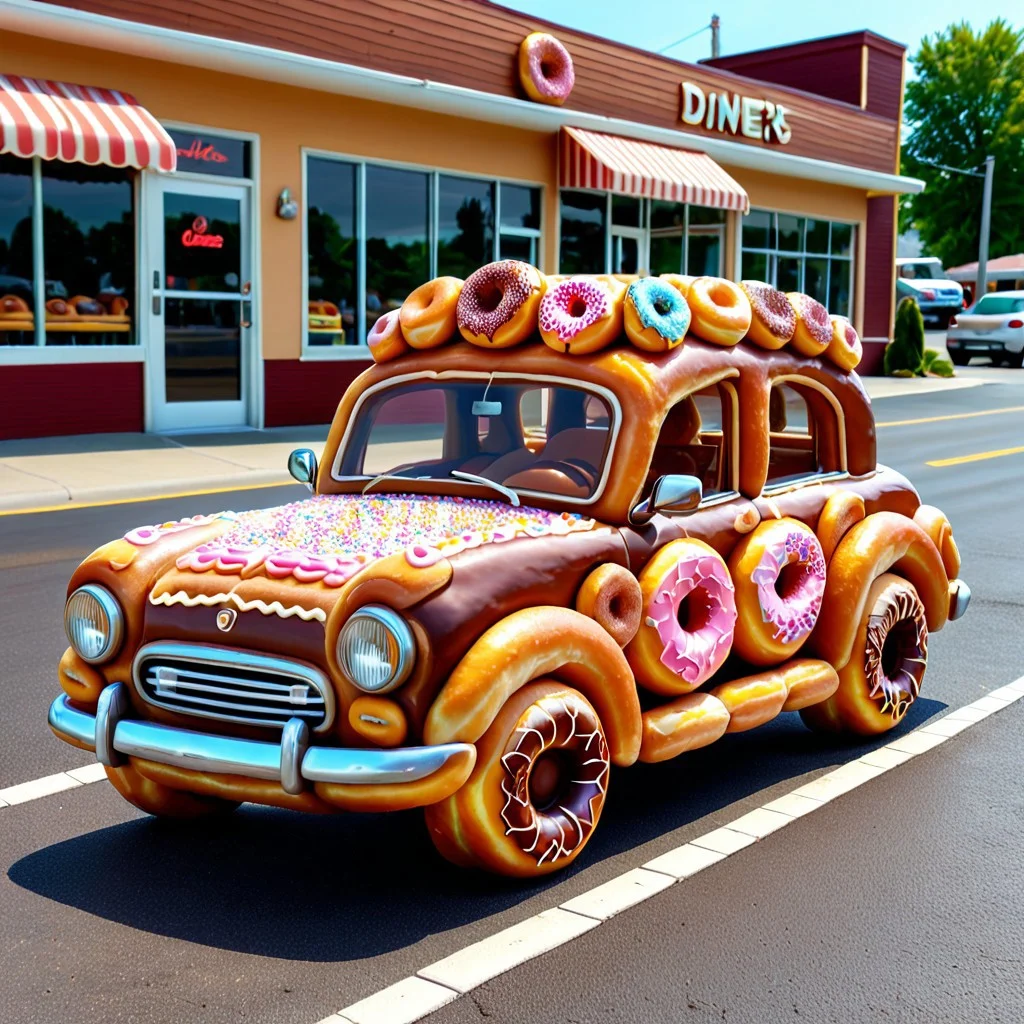 DonutMention, a car made of doughnuts, parked at a diner, small town, sidewalk covered in donuts, masterpiece, high detail