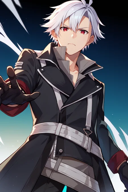 score_9, score_8_up, score_7_up, score_6_up, source_anime, BREAK 1boy, solo <lora:rean-pdxl-nvwls-v1-000006:1> sen4rean, white hair, red eyes, black coat, black pants, black gloves, serious, looking at viewer, from below, black background