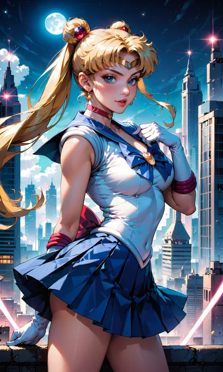 4n1v3rs3 score_9, score_8_up, score_7_up, BREAK
Tsukino Usagi, throwing Moon Tiara, Sailor Moon outfit, dynamic pose, intense expression, magical energy, cityscape background, high detail, photorealistic, vibrant colors
white gloves, blue pleated skirt, blonde hair, flexible, arched back, hand on own chest, half-closed eyes,