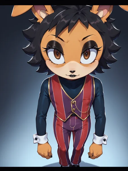 score_9, score_8_up, sonic \(series\), rating_safe, <lora:insanity-angle:1>, insanity-angle, 1boy, letterboxed, solo, rabbit, rabbit ears, twink, femboy, fluffy hair, black hair, black lipstick, short hair, Emo bob, brown eyes, orange fur, <lora:Robbie_Rotten_outfit:0.7>, Robbie Rotten outfit, long sleeves, striped, pants, vest, vertical stripes, pinstripe pattern, striped pants, black shoes, wrist cuffs,