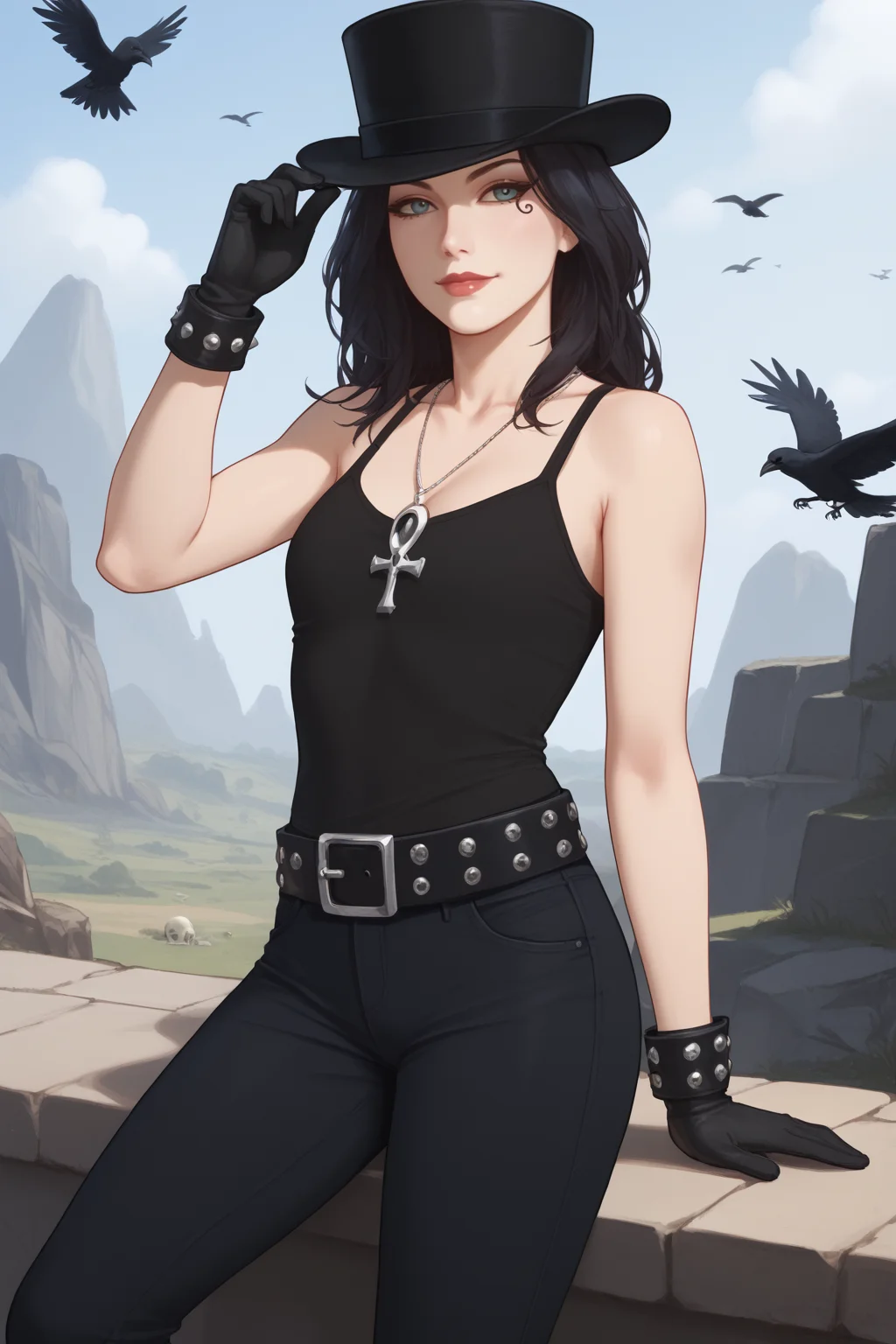 score_9, score_8_up, score_7_up, masterpiece, high quality, BREAK
<lora:Death of the EndlessPonyLoRA:1>dethofend, pale skin, colored skin, long hair, tattoo under eye, ankh necklace, black tank top, belt, pants, gloves, bracelet, hat, skull, crow