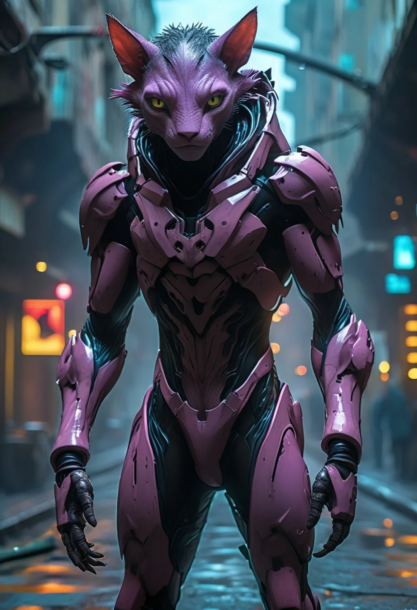 score_9, score_8_up, score_9_up, SilverPulse, Fantasy Creature, portrait, close to the face, punk hair, lizard, cat, alien girl, feminime, female, 1girl, Avatar navi alien with purple skin, bal, big eyes, medium breast, red trench coat, running on the top of train, yellow train, cyberpunk city, night, neon light, rainy, dynamic view, dynamic pose, super wide angle shot, extreme perspective,