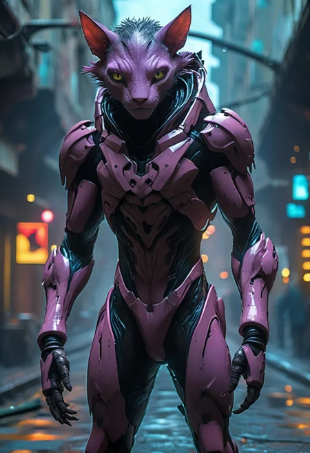 score_9, score_8_up, score_9_up, SilverPulse, Fantasy Creature, portrait, close to the face, punk hair, lizard, cat, alien girl, feminime, female, 1girl, Avatar navi alien with purple skin, bal, big eyes, medium breast, red trench coat, running on the top of train, yellow train, cyberpunk city, night, neon light, rainy, dynamic view, dynamic pose, super wide angle shot, extreme perspective,