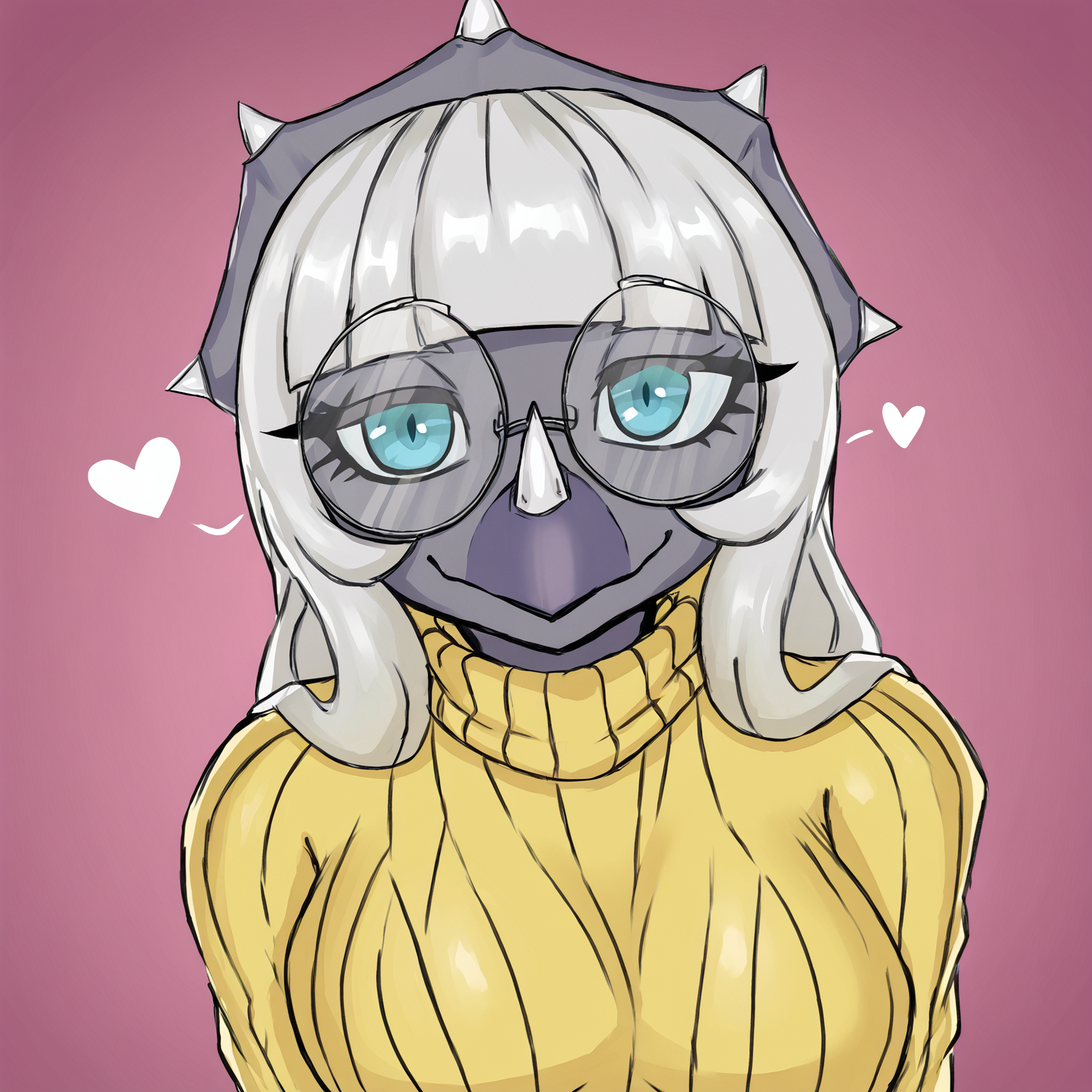 <lora:Abigail_Snoot_Game_-_Devlog:1> abigaildevlog, 1girl, furry female, triceratops, gray skin, white hair, glasses, yellow sweater, sweater, half-length portrait, blue eyes, <3, looking at viewer, highres, absurdres,