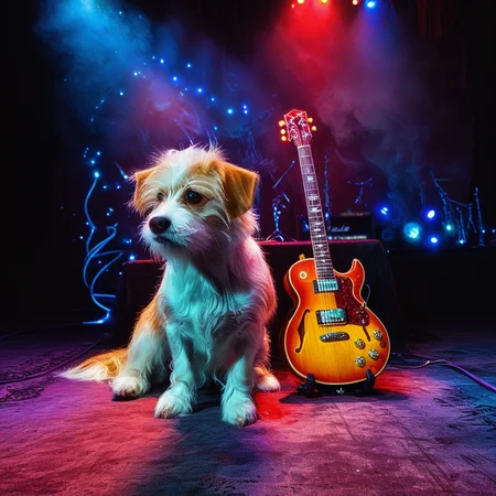 Hyperrealistic, crystal-clear portrait of a <lora:ZIP_SDXL:1> zip dog looking at the viewer Walking on stage playing his guitar <lora:1980s_Fantasy_Style_test_2:0.3> 1980s Fantasy Style, vivid color <lora:Rock_Concert:0.5> r0ckc0ncert, on stage, light show, smoke, band, instruments <lora:tbh160-sdxl:0.8> style of Dan Mumford ith super sharp details and vivid colors, intricate textures, and pristine clarity. <lora:DetailMaximizer:0.8> Light Painting