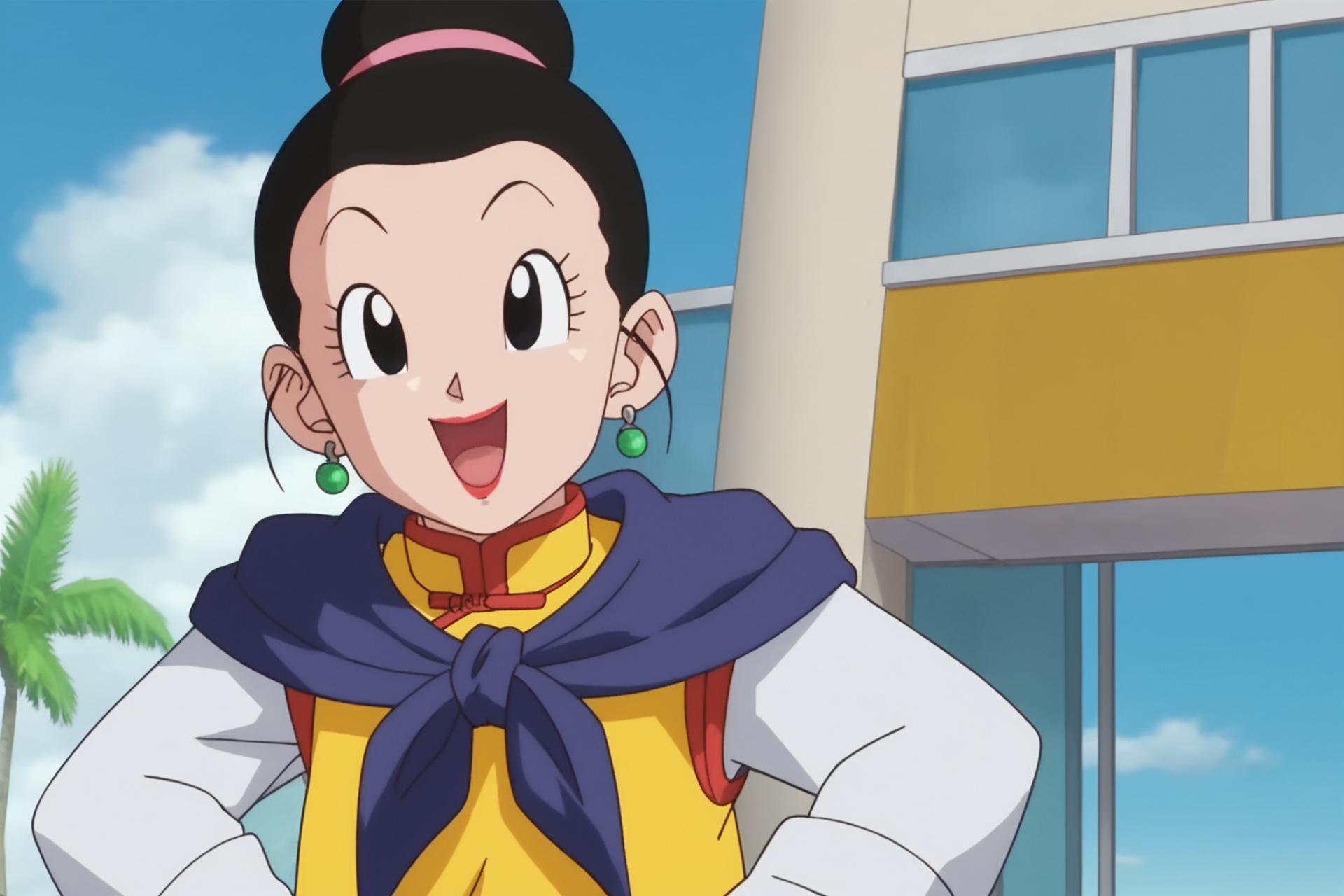 source_anime, score_9, score_8_up, score_7_up, anime screencap, absurdres, official style,
chi-chi, hair pulled back, super outfit, official style, 1girl, solo, breasts, black hair, earrings, lipstick, single hair bun, eyelashes, black eyes, purple sash neckerchief, red trim, yellow dress, china dress, long sleeves, white sleeves, upper body, hands on hips, outdoors, blue sky, happy, open mouth, looking at another, raised eyebrows, cloud, palm tree
<lora:chichiDBS_pony_v1:0.8>