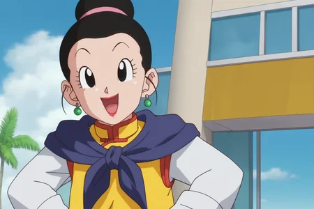 source_anime, score_9, score_8_up, score_7_up, anime screencap, absurdres, official style,
chi-chi, hair pulled back, super outfit, official style, 1girl, solo, breasts, black hair, earrings, lipstick, single hair bun, eyelashes, black eyes, purple sash neckerchief, red trim, yellow dress, china dress, long sleeves, white sleeves, upper body, hands on hips, outdoors, blue sky, happy, open mouth, looking at another, raised eyebrows, cloud, palm tree
<lora:chichiDBS_pony_v1:0.8>