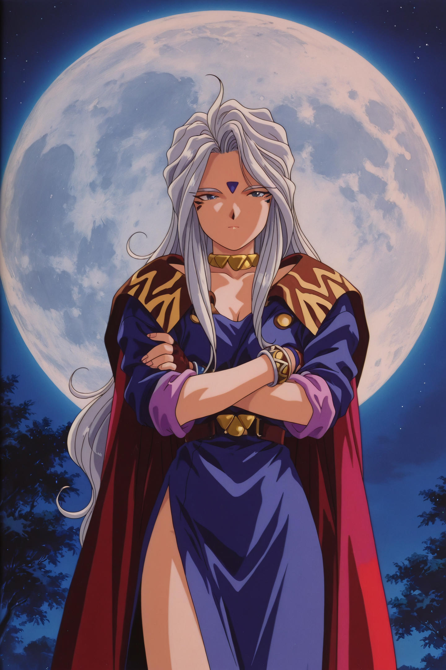 OVA Style,Urd,1girl,1990s \(style\),retro artstyle,solo,facial mark,forehead mark,long hair,bracelet,crossed arms,cape,jewelry,dress,fingerless gloves,night,gloves,side slit,moon,
<lora:Ah! My Goddess_illustriousXL:1>,