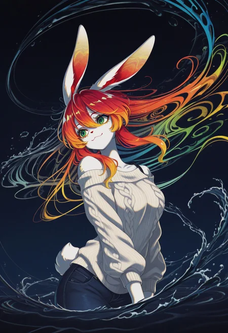 (masterpiece, gradient, recent, good_quality, high_quality, newest, very aesthetic, vibrant_background, abstract_background, colorful, surreal, anime_coloring:1, vectortrace:1, flat_colors:1,rabbit girl,furry,red hair,white rabbit ear,solo,add detailed eyes,green eyes,dressed,happy,long hair,roll-up sweater,jeans,BV-Illu,Dynamic pose, midnight blue gradient background, water,late night,upper body,