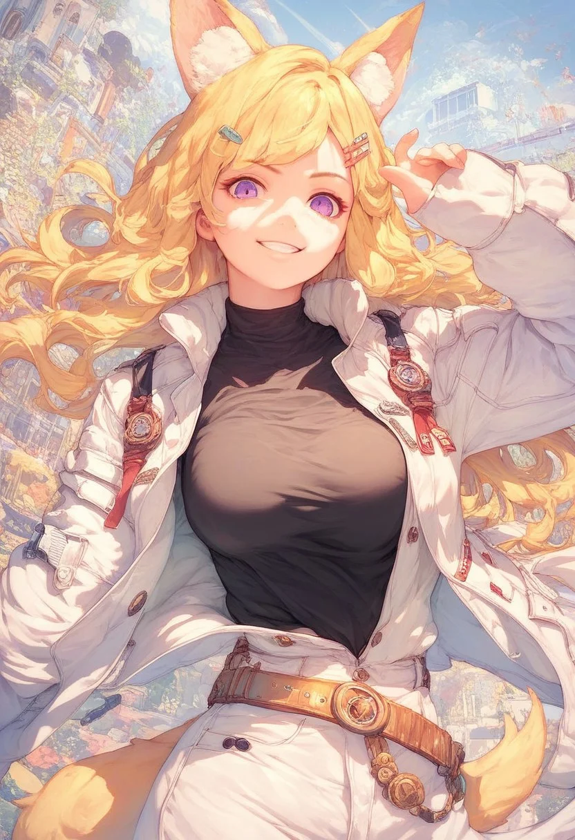 score_9, score_8_up, score_8_up, masterpiece, super detailed face, super high resolution, FaceDetail, detailed background, complex background,
score_9, score_8_up, score_7_up, solo, 1girl, outdoors, looking at viewer, purple eyes, animal ears, animal ear fluff, blonde hair, hair ornament, hairclip, large breasts, tail, jacket, white jacket, long sleeves, open clothes, open jacket, shirt, black shirt, jewelry, belt, dynamic pose, smile