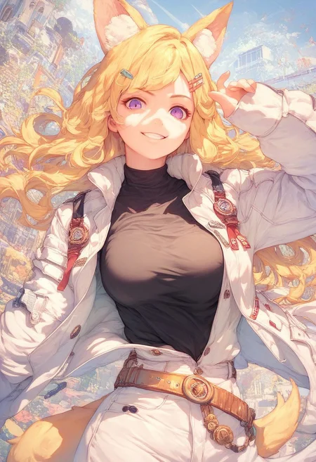 score_9, score_8_up, score_8_up, masterpiece, super detailed face, super high resolution, FaceDetail, detailed background, complex background,
score_9, score_8_up, score_7_up, solo, 1girl, outdoors, looking at viewer, purple eyes, animal ears, animal ear fluff, blonde hair, hair ornament, hairclip, large breasts, tail, jacket, white jacket, long sleeves, open clothes, open jacket, shirt, black shirt, jewelry, belt, dynamic pose, smile