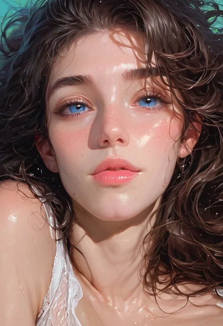 score_9, score_8_up, score_7_up, solo, mature, older, (cute:1.3), (seductive expression:1.3), (fishnet leggings:1.5), white transparent tanktop, (blue eyes), (big eyes:1.1), (Expressiveh, Beuty), (realistic photograph style, realism, realistic illustration:1.5), (simple colorful background), lips parted, freckles, biten lips, beautiful skin, (breasts exposed), breasts apart, side boob, sitting on bed, leaning back, (long hair), wavy curly messy hair, pubic hair, (brunette), dark eye shadow, sweat, heat, heat going out of mouth