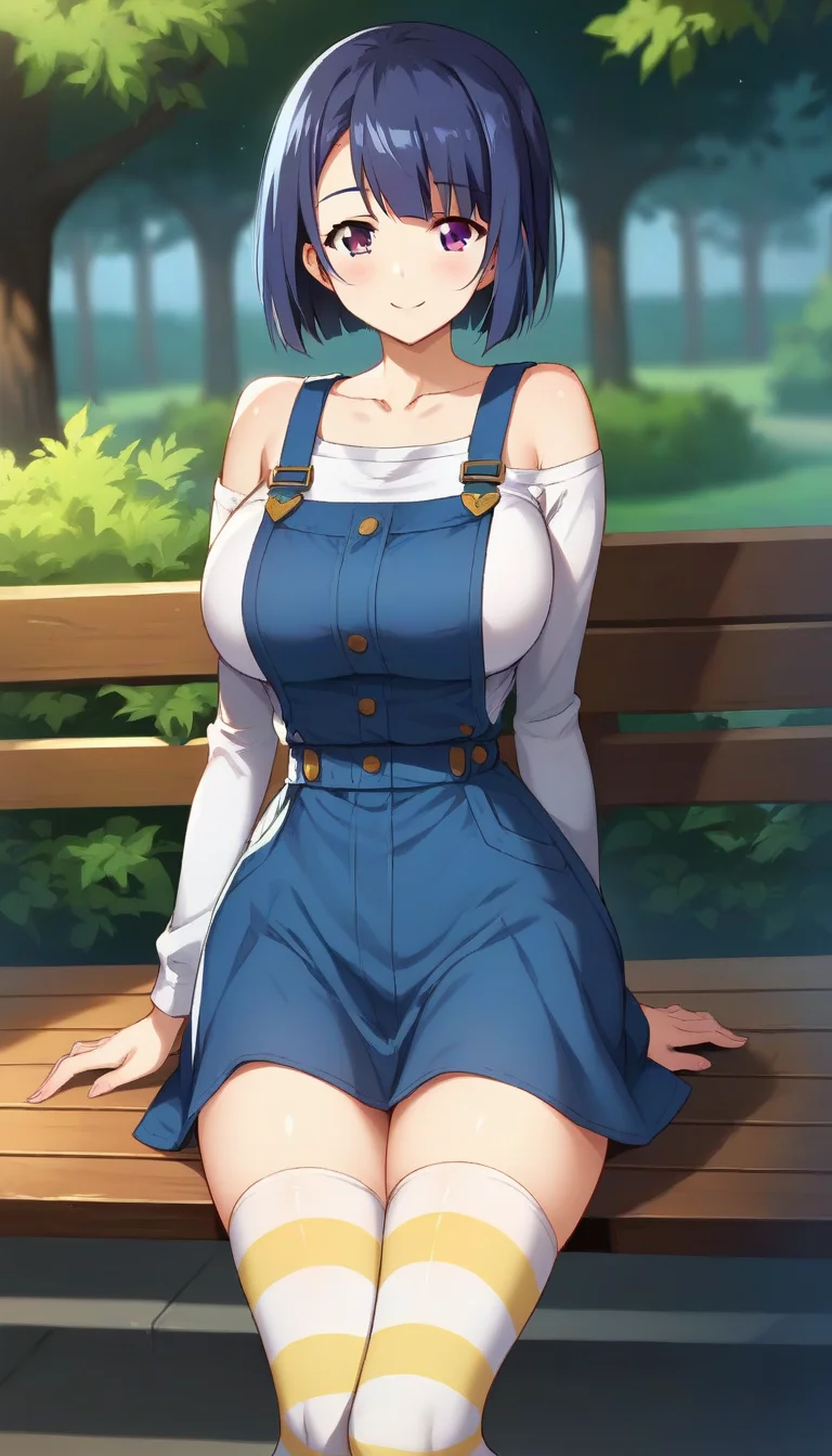 score_9,score_8_up,score_7_up,score_6_up BREAK official art,solo,outdoors,cowboy shot,looking at viewer,facing viewer,smile,blush,Akira Makino,blue hair,short hair,bob cut,bangs,purple eyes,collarbone,bare shoulders,pinafore dress,blue dress,white shirt,long sleeves,large breasts,white thighhighs,striped thighhighs,yellow thighhighs,zettai ryouiki,loafers,<lora:Akira Makino(oc2)-Pony:1.4>,