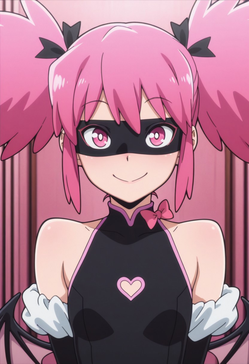 Masterpiece , best quality , amazing quality  ,  anime screencap , a girl ,popstep
pink eyes , pink hair , looking at viewer, smile , portrait , black leotard,   , bat wings , heart , twintails , mask ,