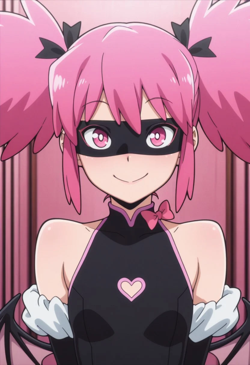 Masterpiece , best quality , amazing quality , anime screencap , a girl ,popstep
pink eyes , pink hair , looking at viewer, smile , portrait , black leotard, , bat wings , heart , twintails , mask ,