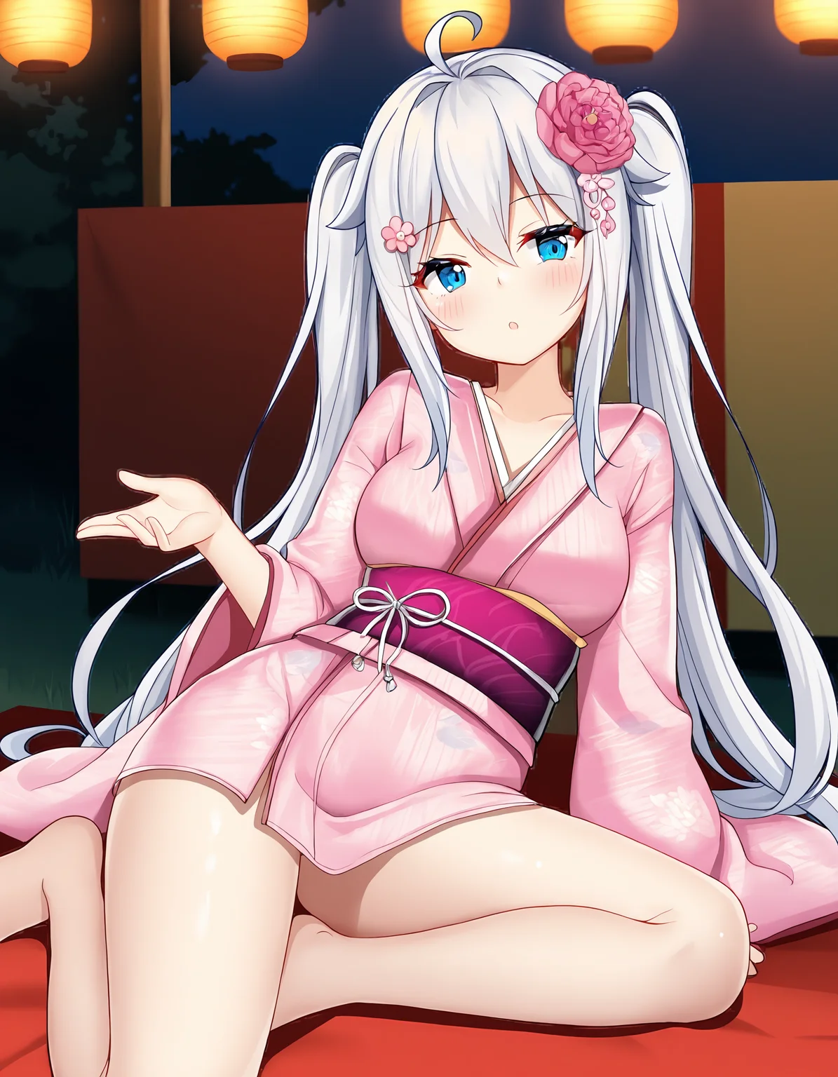 masterpiece, best quality, amazing quality, ultra detail, good anatomy, good hand,
BREAK <lora:hagiwara-michiru Imokone - todoketai koigokoro(MitsuYukiTyakai)-illustrious:0.7> hagiwara-michiru. white hair, long hair, medium breasts, blue eyes, ahoge, twintails, hairbow,
BREAK outfit07, Japanese clothes, kimono, pink kimono, prints kimono, short kimono, obi, sash, long sleeves, wide sleeves, hair flower, flower hairclip, collarbone, bare legs,
BREAK dynamic angle, 1girl, posing, in Japanese festival,