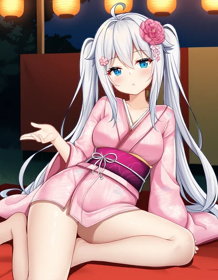 masterpiece, best quality, amazing quality, ultra detail, good anatomy, good hand,
BREAK <lora:hagiwara-michiru Imokone - todoketai koigokoro(MitsuYukiTyakai)-illustrious:0.7> hagiwara-michiru. white hair, long hair, medium breasts, blue eyes, ahoge, twintails, hairbow,
BREAK outfit07, Japanese clothes, kimono, pink kimono, prints kimono, short kimono, obi, sash, long sleeves, wide sleeves, hair flower, flower hairclip, collarbone, bare legs,
BREAK dynamic angle, 1girl, posing, in Japanese festival,
