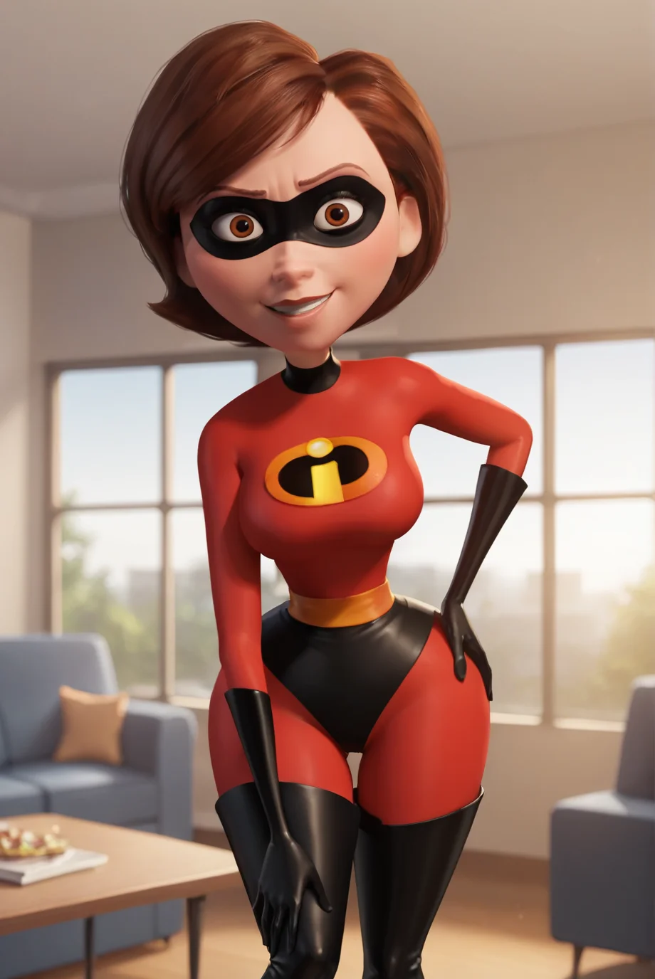 score_9, score_8_up, score_7_up, score_6_up, BREAK 1girl, solo, disney pixar animation,
<lora:HelenParrXL-v1-06:0.6>, ChopioHelen, short hair, brown hair, brown eyes, (looking at viewer:1.2),
narrow waist, wide hips, large breasts, domino mask, 
indoors, living room, sofa, table, standing, smile,
outfit_1, red bodysuit, latex, skin tight, black elbow gloves, black footwear, thigh boots, contrapposto, hand on thigh, leaning forward,