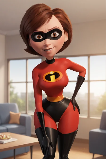 score_9, score_8_up, score_7_up, score_6_up, BREAK 1girl, solo, disney pixar animation,
<lora:HelenParrXL-v1-06:0.6>, ChopioHelen, short hair, brown hair, brown eyes, (looking at viewer:1.2),
narrow waist, wide hips, large breasts, domino mask, 
indoors, living room, sofa, table, standing, smile,
outfit_1, red bodysuit, latex, skin tight, black elbow gloves, black footwear, thigh boots, contrapposto, hand on thigh, leaning forward,