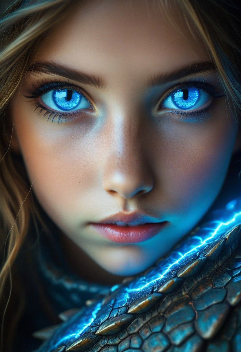 cute girl with blue electrical bright  dragon eyes , intense gaze,