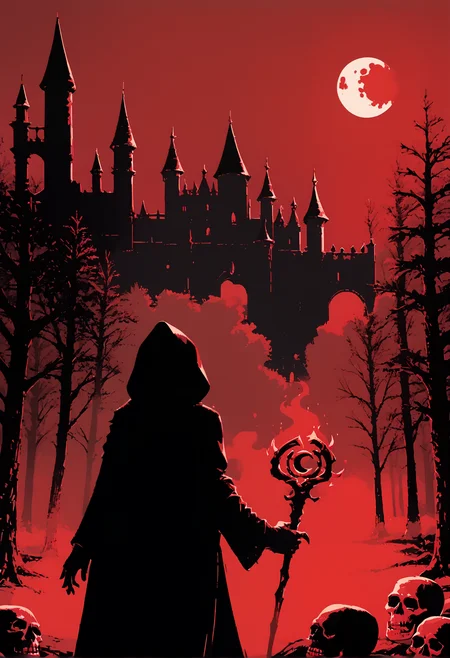 score_9, score_8_up, score_7_up, skeleton, standing, holding magic staff, cowboy shot, wearing magician gown, black hood, dark forest, fog, red theme, monochrome, castle, night, moon, <lora:dcr34sed-c0l0ring-20:0.8>, dcr34sed_c0l0ring,