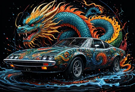 Finely detailed vector illustration, classical sports car, chinese dragon, symbiosis, ultra realistic quality, circle symbol, black background, hyperdetailed, intricately detailed, triadic colors,fantastical,intricate detail,splash screen,complementary colors, fantasy concept art, 8k resolution, masterpiece, oil painting, thick strokes, rich strokes, running drops,