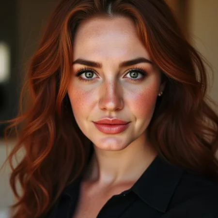 youthful appearance. Her eyes are a bright green, with a scattering of freckles across her cheeks and nose, adding a polished, giving her a captivating, adding to her natural, and she wears a form-fitting, krasinafoxx. The image is a high-resolution photograph of a woman with striking features