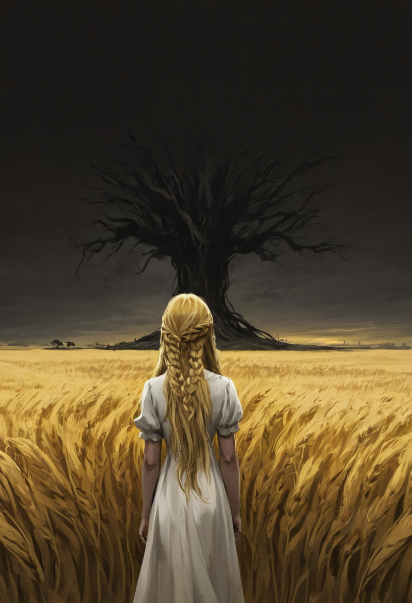 insanely dynamic illustration of boy, long hair, miquella, blonde hair, braid, solo, dress, very long hair, white dress, short sleeves, tree, outdoors, wheat, from behind, scenery, field, yellow theme, black tree, dead tree, black sky, night. best quality, high resolution. crazy artstyle, careless brushstrokes, emotional and fun, dark and unsettling dream showing boy, long hair, miquella, blonde hair, braid, solo, dress, very long hair, white dress, short sleeves, tree, outdoors, wheat, from behind, scenery, field, yellow theme, black tree, dead tree, black sky, night. best quality, high resolution. created by genius but depressed mad artist. grim beauty, boy, long hair, miquella, blonde hair, braid, solo, dress, very long hair, white dress, short sleeves, tree, outdoors, wheat, from behind, scenery, field, yellow theme, black tree, dead tree, black sky, night, sharp focus, highly detailed, cinematic composition, intricate, beautiful, stunning, breathtaking, scenic