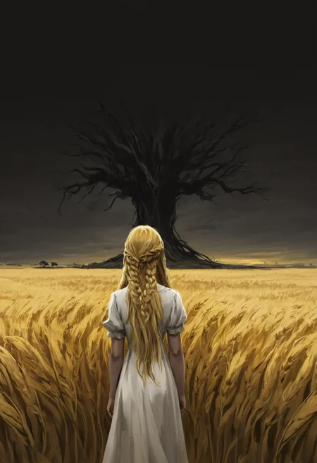 insanely dynamic illustration of boy, long hair, miquella, blonde hair, braid, solo, dress, very long hair, white dress, short sleeves, tree, outdoors, wheat, from behind, scenery, field, yellow theme, black tree, dead tree, black sky, night. best quality, high resolution. crazy artstyle, careless brushstrokes, emotional and fun, dark and unsettling dream showing boy, long hair, miquella, blonde hair, braid, solo, dress, very long hair, white dress, short sleeves, tree, outdoors, wheat, from behind, scenery, field, yellow theme, black tree, dead tree, black sky, night. best quality, high resolution. created by genius but depressed mad artist. grim beauty, boy, long hair, miquella, blonde hair, braid, solo, dress, very long hair, white dress, short sleeves, tree, outdoors, wheat, from behind, scenery, field, yellow theme, black tree, dead tree, black sky, night, sharp focus, highly detailed, cinematic composition, intricate, beautiful, stunning, breathtaking, scenic