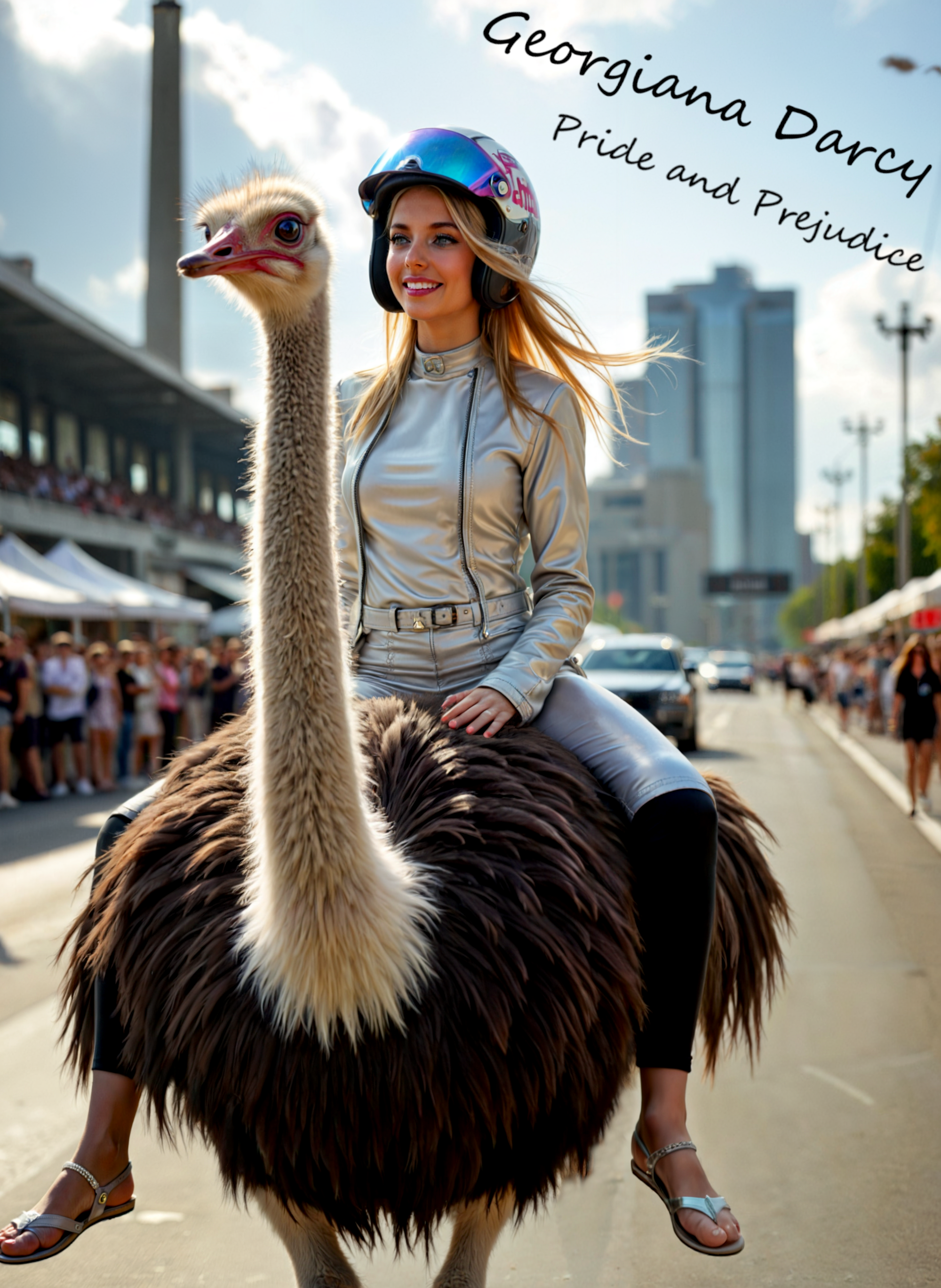 cinematic film still a young woman riding on the back of an ostrich. The woman is wearing a silver leather outfit and a helmet with a colorful design on it. She has long blonde hair and is smiling at the camera. The ostrich is standing on its hind legs with its head turned to the side. In the background, there are buildings and a crowd of people. Autograph picture; Georgiana Darcy  Pride and Prejudice. The sky is blue and the weather appears to be sunny. Shallow depth of field, vignette, highly detailed, high budget, bokeh, cinemascope, moody, epic, gorgeous, film grain, grainy. <lora:add-detail-xl:.5>  <lora:Flux-style-xl-lora:.5>