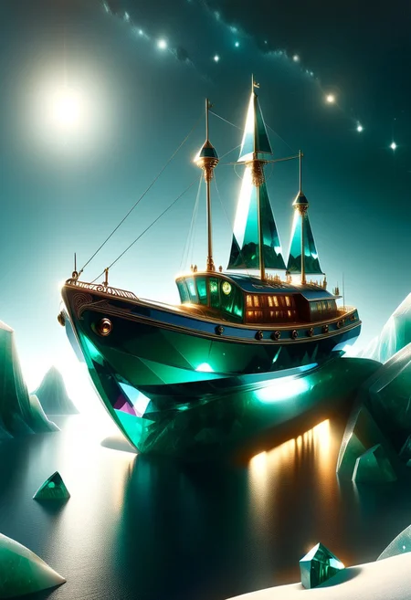 An ice boat made entirely of transparent crystal sailing on a frozen lake. It is entirely made out of transparent glass crystal with a depth that reflects what looks like the universe of galaxies and stars, ultra detailed, enhanced, prismatic colors, render, CRU, sharp, 8k, octane render, cinema 4d, blender, dark, atmospheric 4k ultra detailed, cinematic, Sharp focus, big depth of field, Masterpiece, colors, 3d octane render, 4k, concept art, hyperrealistic, Vivid colors, extremely detailed 8k wallpaper, Intricate, High Detail. Moonlit night scene with the boat focused in the light of several high intensity spotlights. Camera is looking down and sideways as the car. emeraldmorph