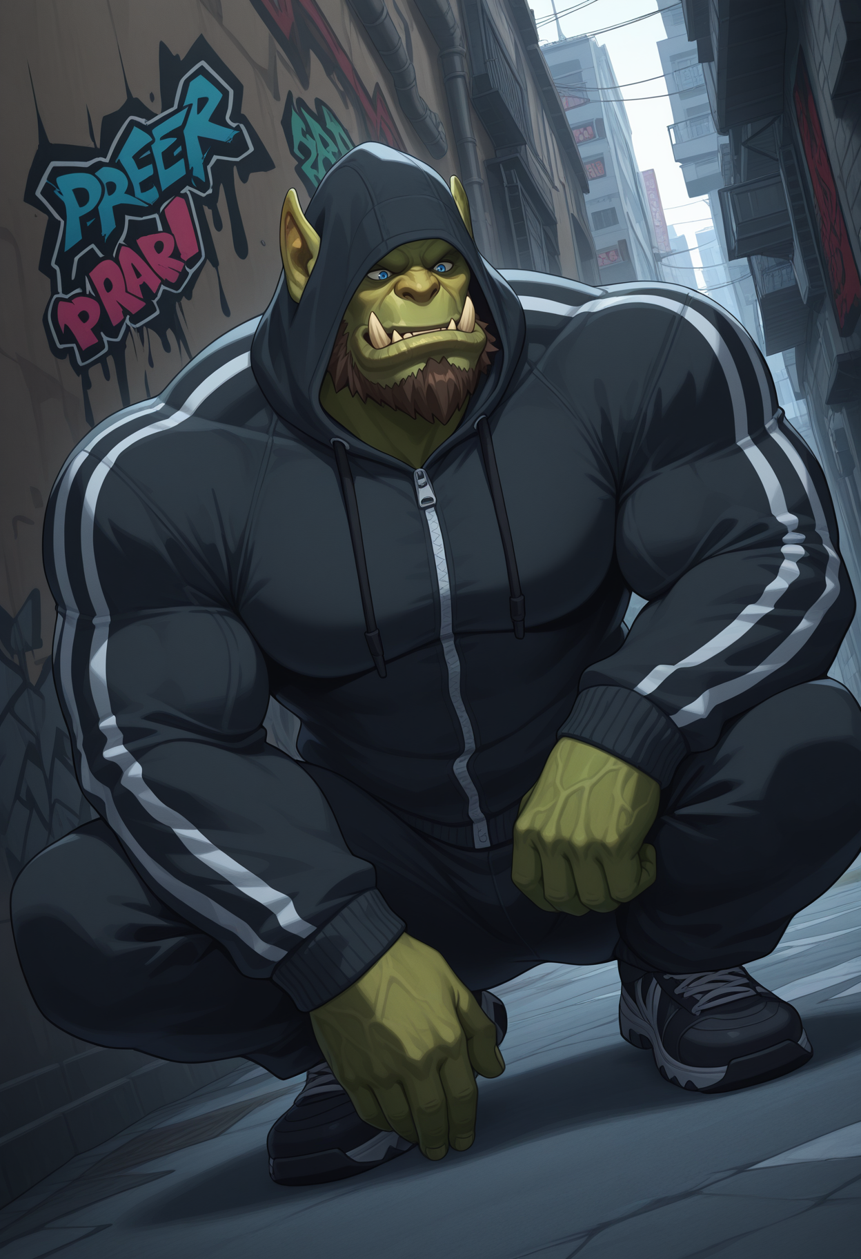 solo, 1boy, male focus, muscular, beefy, big pecs, broad shoulders, thick thighs, 0rcw0w, orc, tusks, pointy ears, green skin, blue eyes, brown beard, black hoodie, hood up, tracksuit, outside, graffiti, alleyway, city, dutch angle, crouching,  perfect anatomy, masterpiece, perfect quality, best quality, detailed, newest, very aesthetic    <lora:Orc_WoW_V2_ILXL:0.8500000000000002> <lora:or_22:0.30000000000000004> <lora:WolfConF_Style_V2_ILXL:0.3500000000000001>