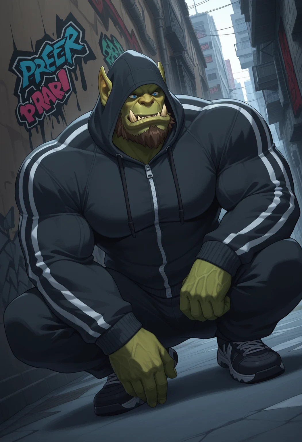 solo, 1boy, male focus, muscular, beefy, big pecs, broad shoulders, thick thighs, 0rcw0w, orc, tusks, pointy ears, green skin, blue eyes, brown beard, black hoodie, hood up, tracksuit, outside, graffiti, alleyway, city, dutch angle, crouching, perfect anatomy, masterpiece, perfect quality, best quality, detailed, newest, very aesthetic <lora:Orc_WoW_V2_ILXL:0.8500000000000002> <lora:or_22:0.30000000000000004> <lora:WolfConF_Style_V2_ILXL:0.3500000000000001>
