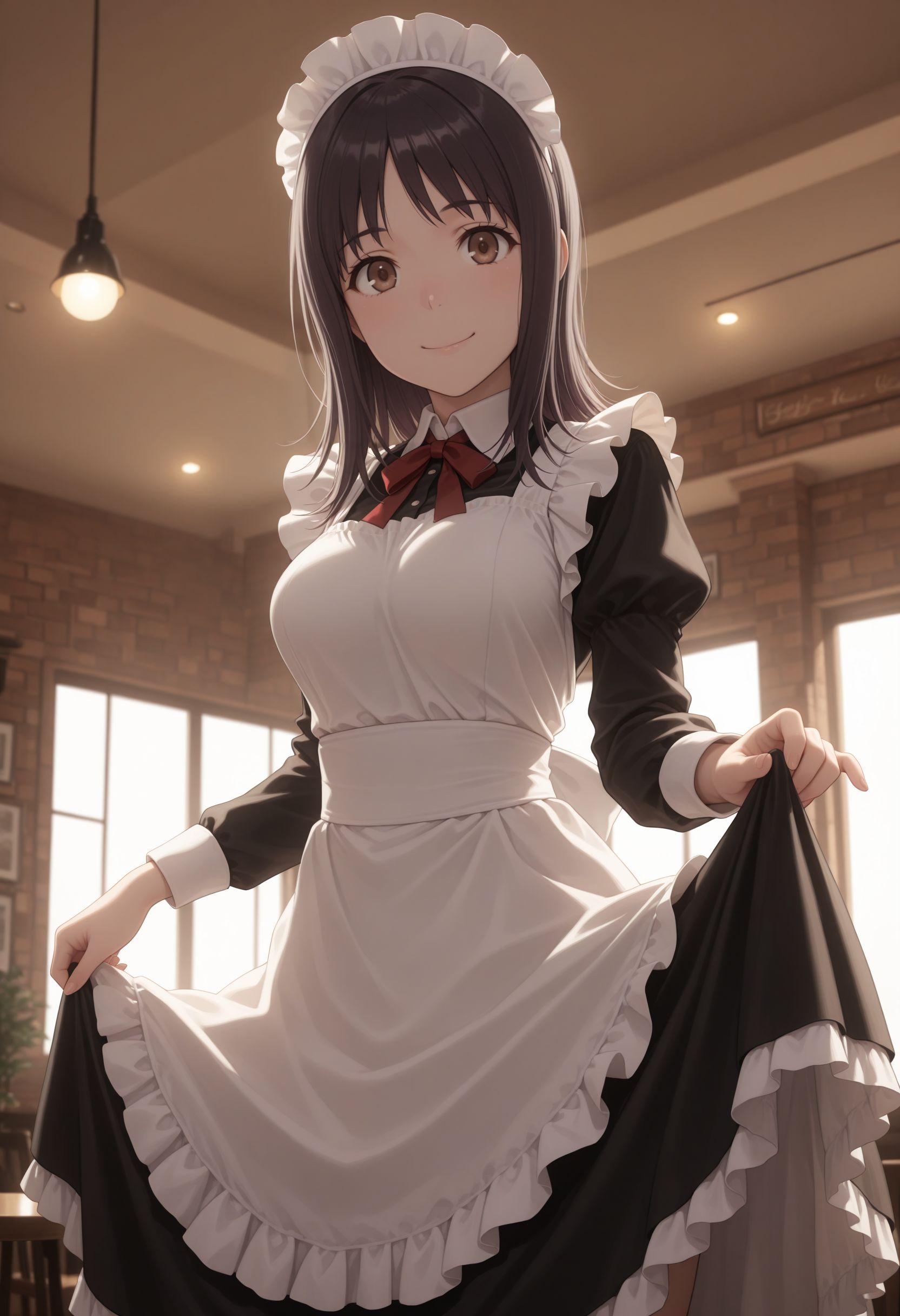 masterpiece,best quality,absurdres,highres,very aesthetic,high quality,detailed,insanely detailed,beautiful,perfect lighting, looking at viewer, 
 <lora:Itsuwa illu:1> 1girl, brown eyes, black hair, medium breasts, long hair, 
ooking at viewer, smile, indoors,cafe,(maid:1.4),maid headdress,apron,(skirt hold:1.2),standing,cowboy shot,smile,, maid headdress, apron