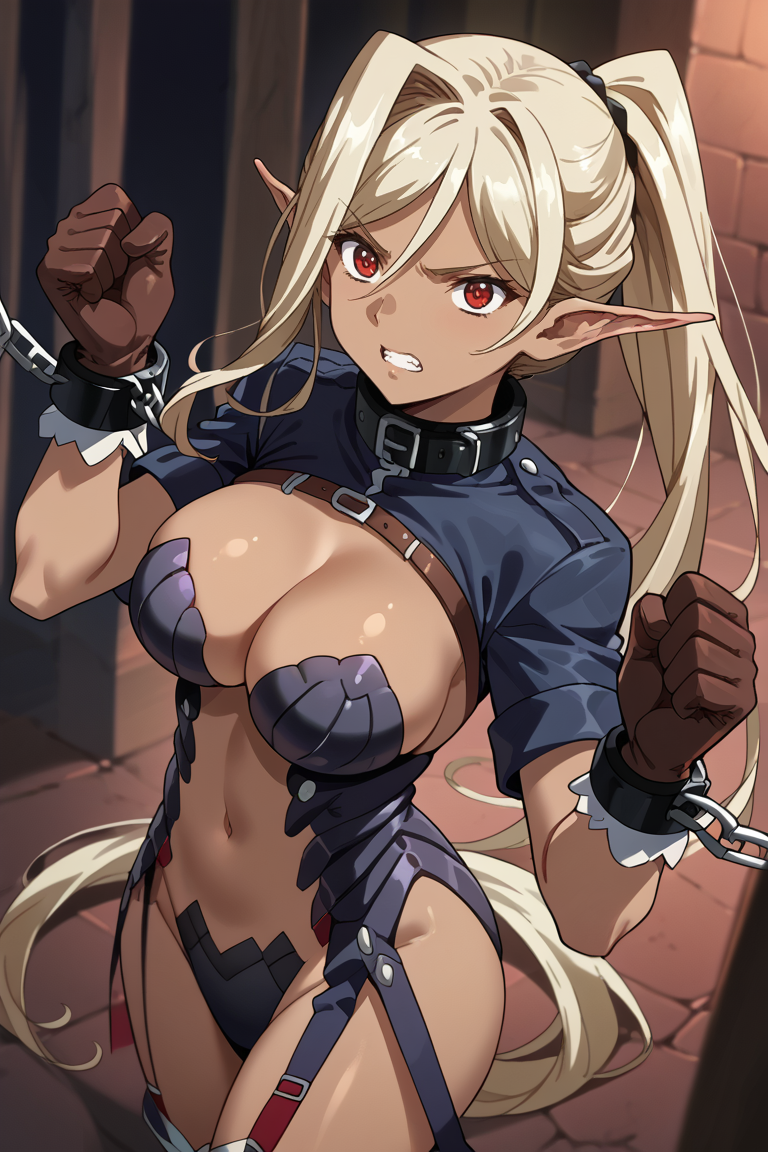 score_9, score_8_up, score_7_up, , source_anime, , chloe, 1girl, pointy ears, blonde hair, chain, gloves, long hair, pony tail, elf, 
, red eyes, dark skin, breasts, cleavage, cuffs, collar, dark-skinned female, bound, brown gloves, chained, metal collar, teeth
