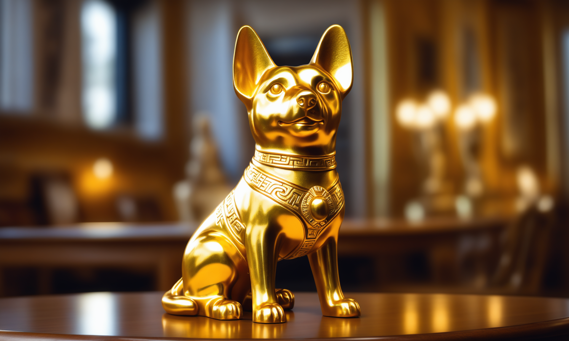 <lora:goldcarvingcd_xl-000006:0.8>,a statue of a dog made of golden in office scene,goldcarvingcd_xl,gold carving,indoors,chinese zodiac,wooden table,cutie,cute,still life,animal statue,front view,facing viewer,looking at viewer,(Unbelievable Digital Artwork:1.3),fine art,CGSociety,ArtStation,master works, emotional, harmonious, high budget, moody, epic, gorgeous, perfect lighting, realistic, photorealistic, photographic, photo (medium),real, moody lighting, volumetric lighting, reality ray tracing, 8K, HDR, UHD, masterpiece, best quality, highly detailed, high resolution, finely detail, extremely detailed, ultra detailed, wallpaper