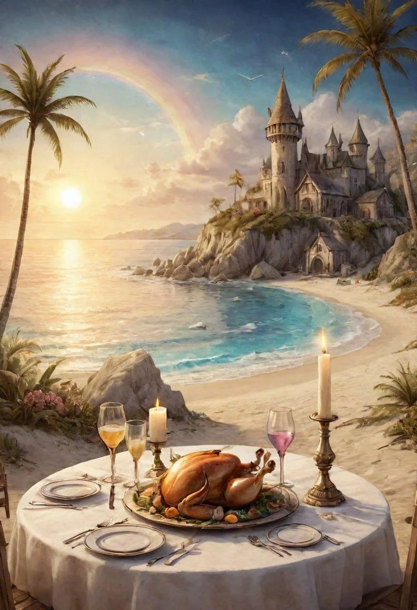 on parchment Romantic dinner on the beach detailing magical realm fantasy scene dramatic light sharp details