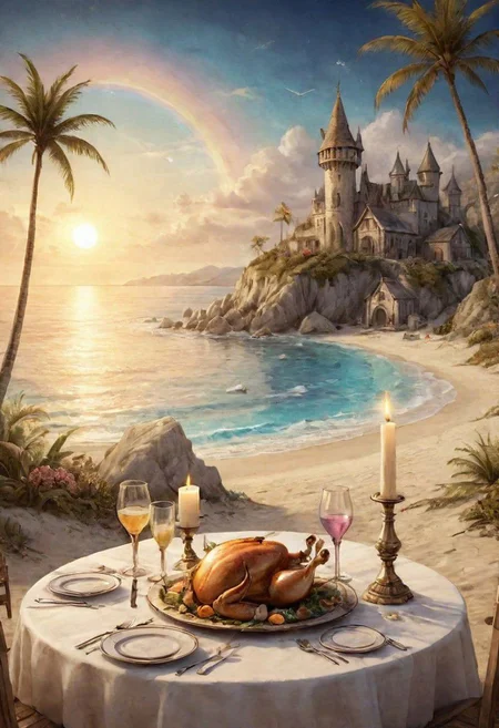 on parchment Romantic dinner on the beach detailing magical realm fantasy scene dramatic light sharp details