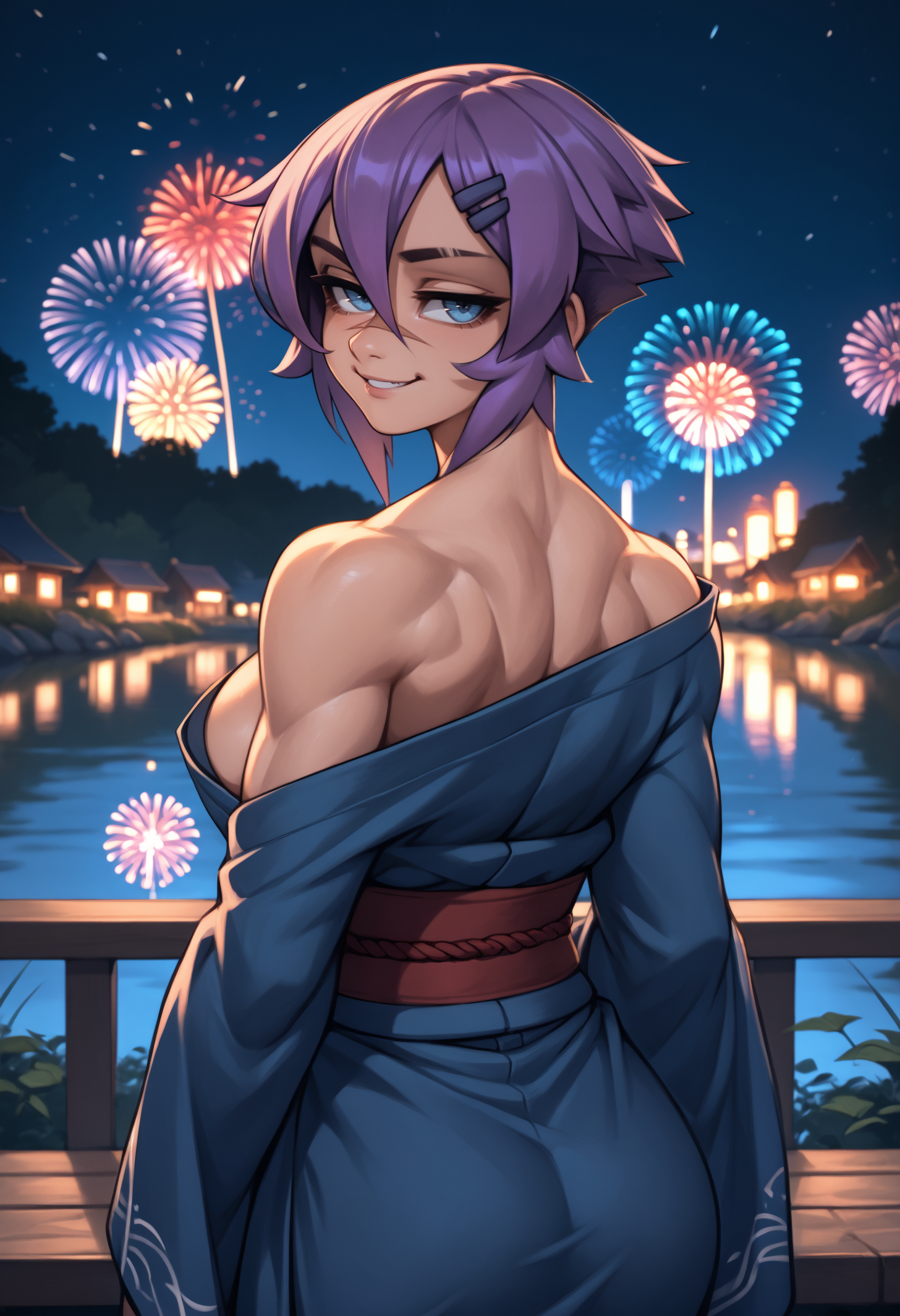 score_9, score_8_up, score_7_up, 1girl, mayanew, blue eyes, purple hair, short hair, hairclip, nose scar, eyebrow cut, large breasts, toned,
blue kimono, off-shoulder kimono,
looking at viewer, looking back, smile, smug, bedroom eyes, cowboy shot, rear view,
outdoors, night, dark, fireworks, river,
<lora:Maya-NewStyle-Roadi3PDXL_V1-Manityro-CAME:1.0>,