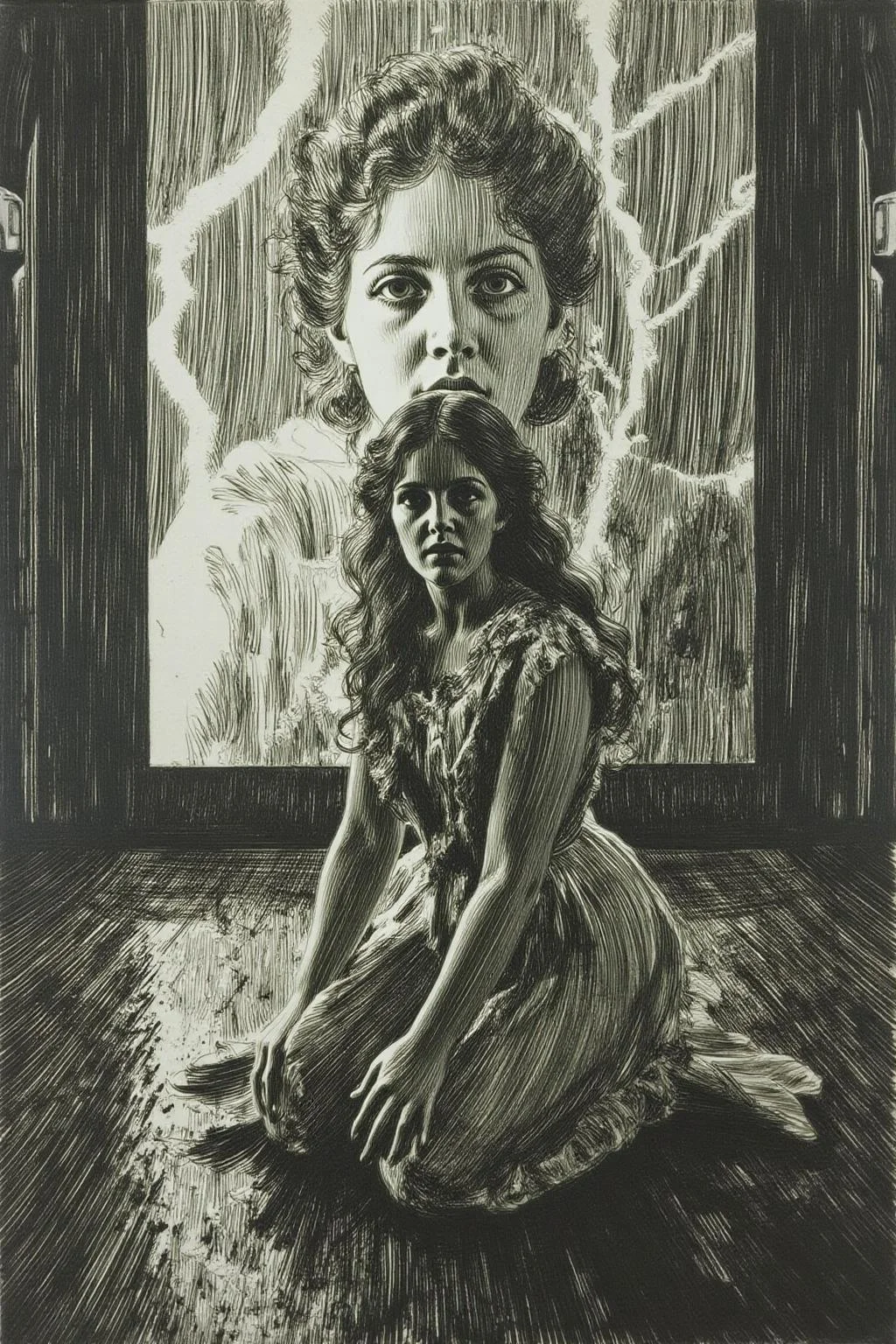 anzo1 black and white etching.
Shot from the side, overhead shot of a surreal, scene featuring a woman with long, dark hair, kneeling on a reflective, wet surface under intense artificial rain and lightning. She wears a flowing, sheer, white dress, clinging to her as she gazes forward with an intense, almost sorrowful expression. Behind her, a massive digital screen displays a blurred, haunting image of the same woman, layered with flashes of lightning, <lora:anzo1_nocap_d6a3:1.0><lora:815137595668300049:0>