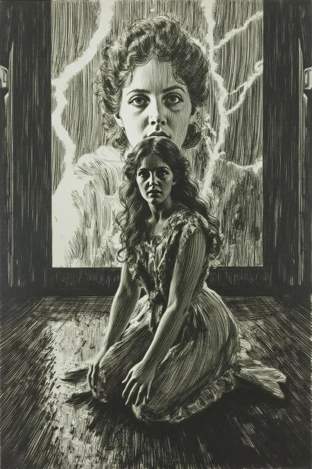 anzo1 black and white etching.
Shot from the side, overhead shot of a surreal, scene featuring a woman with long, dark hair, kneeling on a reflective, wet surface under intense artificial rain and lightning. She wears a flowing, sheer, white dress, clinging to her as she gazes forward with an intense, almost sorrowful expression. Behind her, a massive digital screen displays a blurred, haunting image of the same woman, layered with flashes of lightning, <lora:anzo1_nocap_d6a3:1.0><lora:815137595668300049:0>