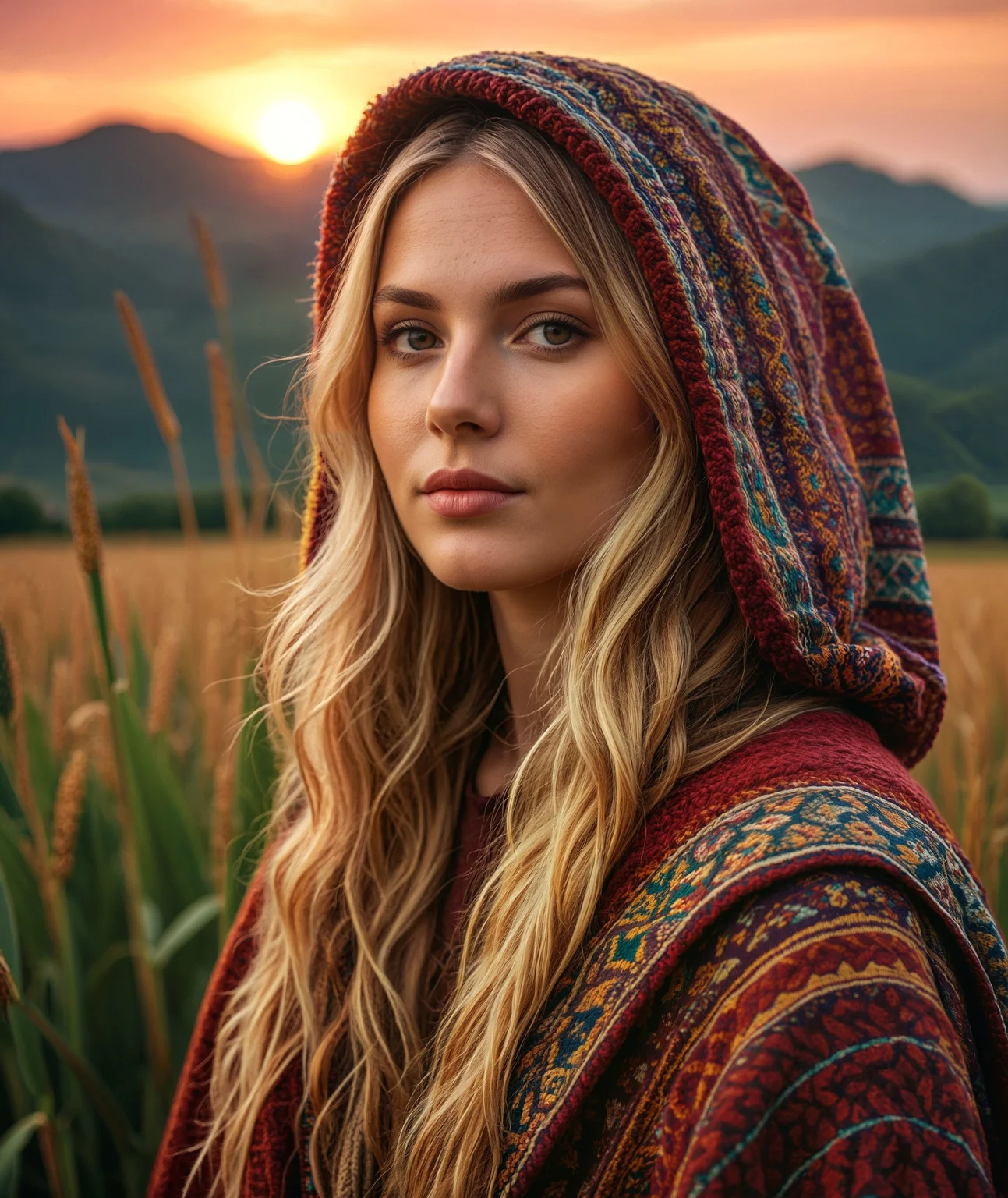 cinematic photo Create a vivid description capturing the essence of a slender blond hippy women with wearing a boldly patterned chunky knit hooded Cape, It gazes directly at the camera, in a festival field pf tall golden corn. The surreal scene is further enhanced as her long hair seamlessly merges with the vibrant background. raw photo, a red sunset landscape, photorealistic, high detailed texture, 8k uhd, dslr, soft lighting, high quality, film grain, Fujifilm XT3, highly detailed photography, (muted colors, cinematic, dim colors, soothing tones:1.2), vibrant, insanely detailed, hyperdetailed, (dark shot:1.2), (vsco:0.3), (intricate details:0.9), (hdr, hyperdetailed:1.2) atmospheric haze, Film grain, cinematic film still, shallow depth of field, highly detailed, high budget, cinemascope, moody, epic, OverallDetail, gorgeous, 2000s vintage RAW photo, photorealistic, candid camera, color graded cinematic, eye catchlights, atmospheric lighting, skin pores, imperfections, natural, shallow dof, cinematic photorealistic, 8k uhd natural lighting, raw, rich, intricate details, key visual, atmospheric lighting, 35mm photograph, film, bokeh, professional, 4k, highly detailed . 35mm photograph, film, bokeh, professional, 4k, highly detailed-, smiling.